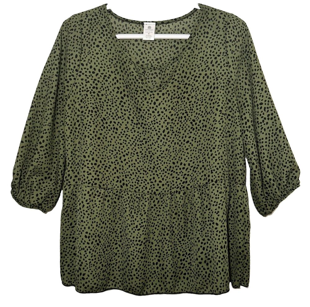 Cozy Rozy California Blouse Women’s Medium Green Black Animal Print Peplum Top